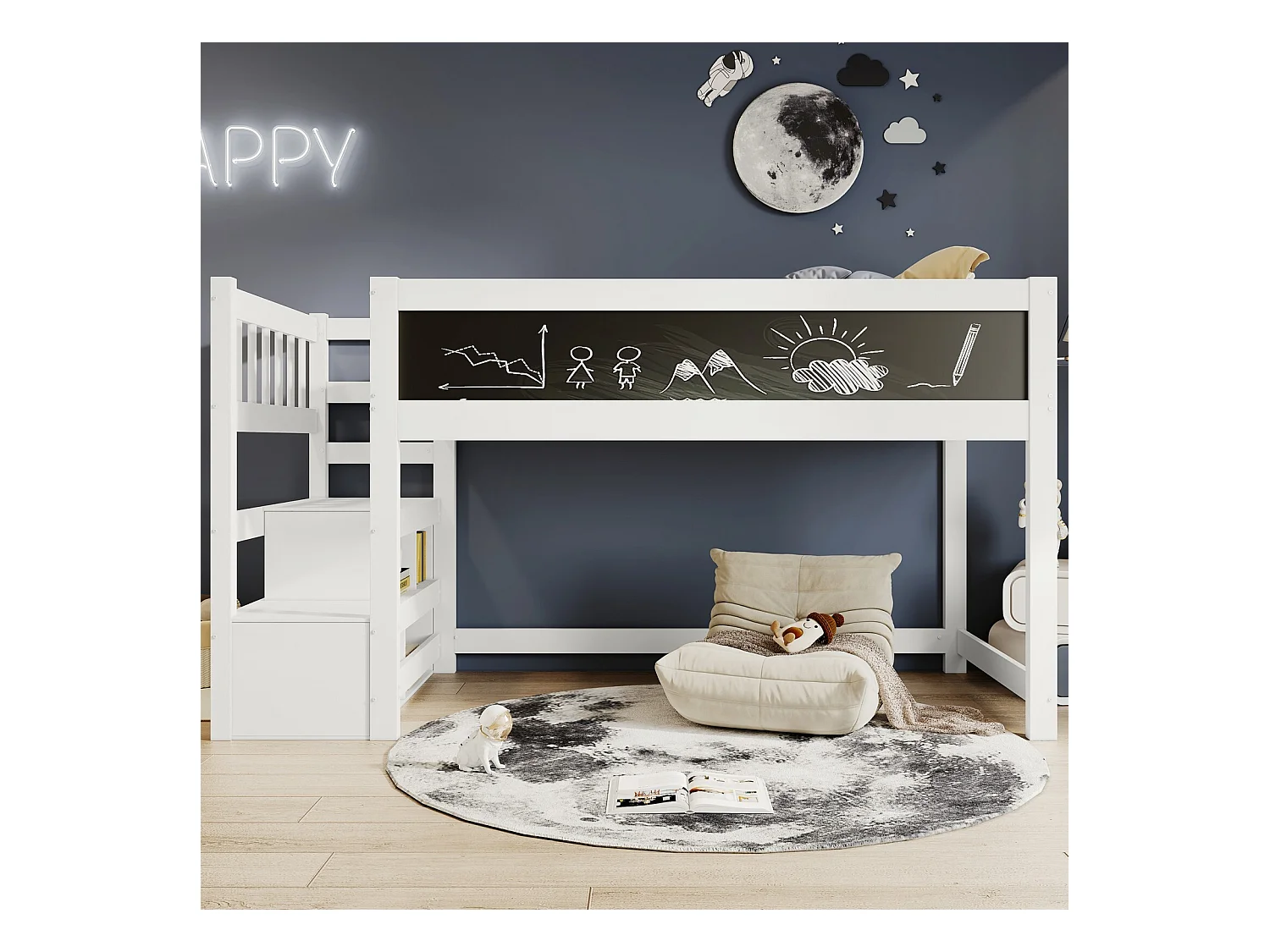 Lit mezzanine enfant 90x200cm avec escalier de rangement et tableaux - Pin de certification EN747 - Blanc