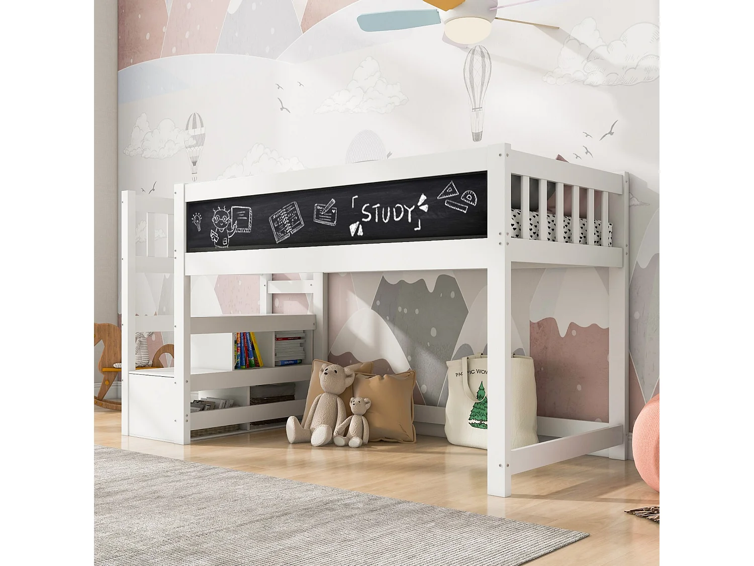 Lit mezzanine enfant 90x200cm avec escalier de rangement et tableaux - Pin de certification EN747 - Blanc