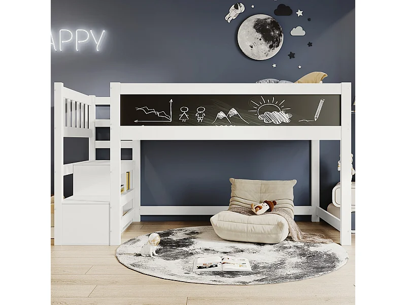 Cama de entrepiso para niños 90x200cm con escalera de almacenamiento y pinturas - Pine de certificación EN747 - Blanco