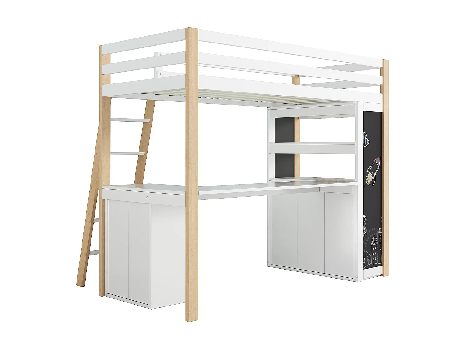 Lit mezzanine avec bureau - 90 x 200 cm - 6 grand tiroir - clôture et escalier - bois massif et MDF - Blanc