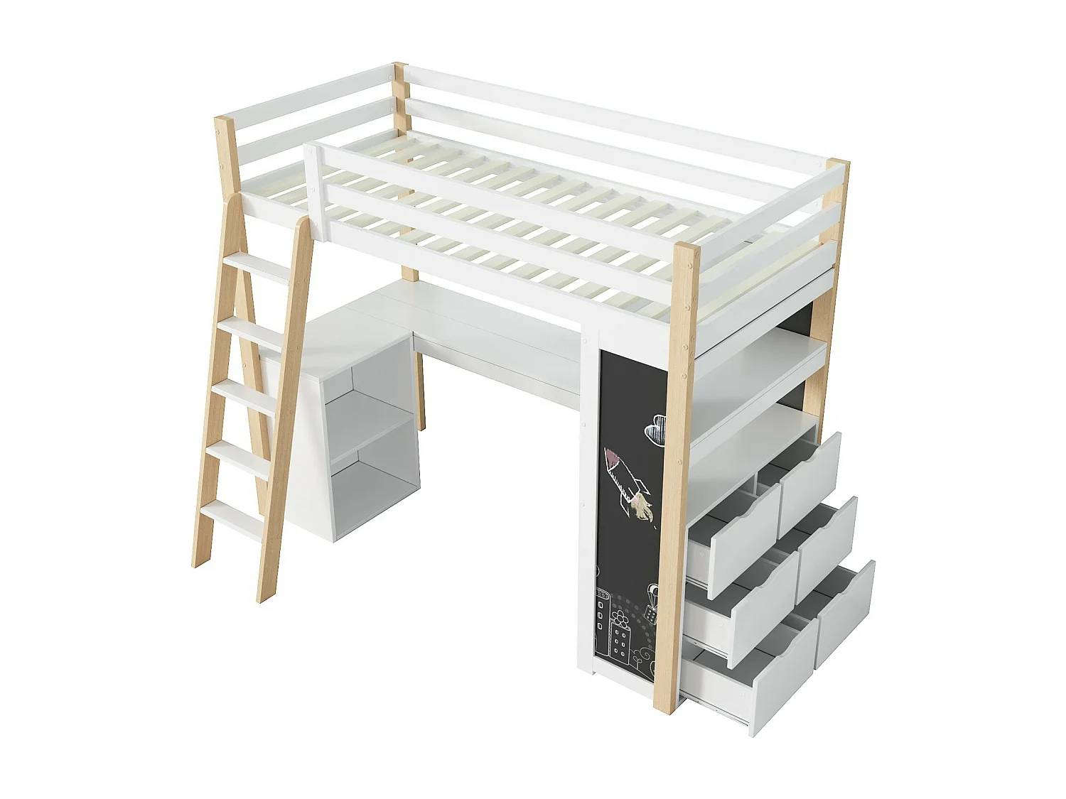 Lit mezzanine avec bureau - 90 x 200 cm - 6 grand tiroir - clôture et escalier - bois massif et MDF - Blanc