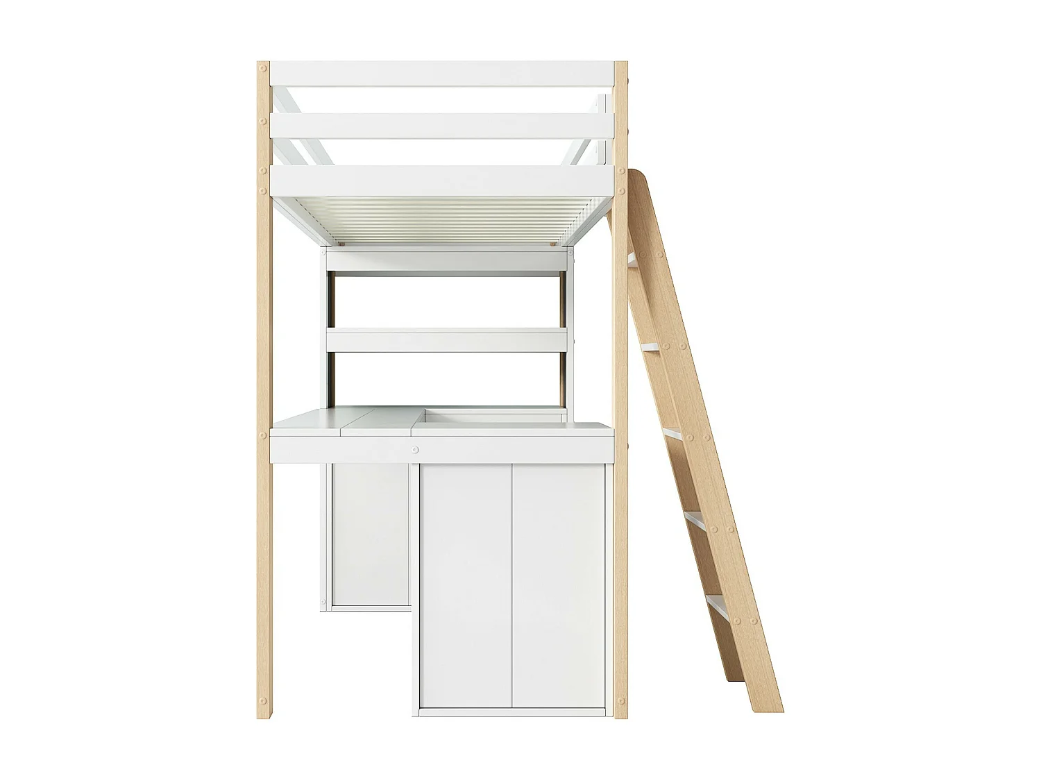 Lit mezzanine avec bureau - 90 x 200 cm - 6 grand tiroir - clôture et escalier - bois massif et MDF - Blanc