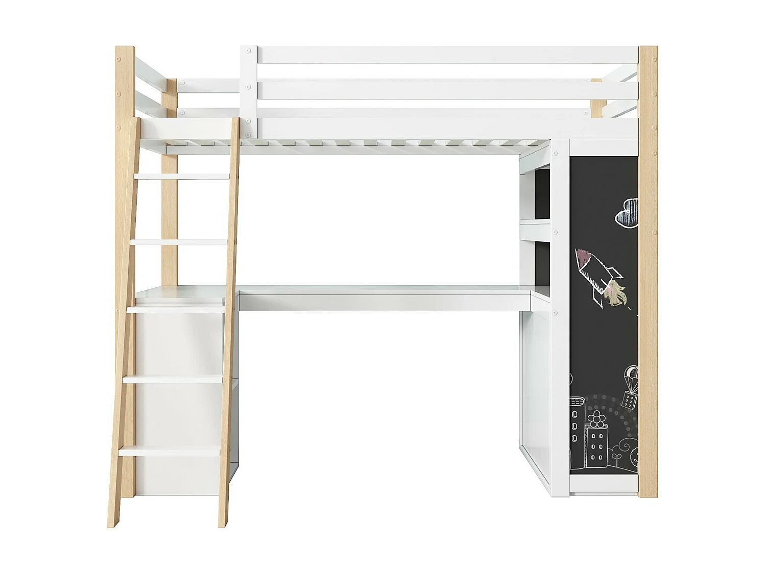 Lit mezzanine avec bureau - 90 x 200 cm - 6 grand tiroir - clôture et escalier - bois massif et MDF - Blanc