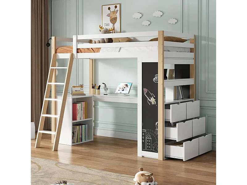 Mezzanine Bett mit Büro - 90 x 200 cm - 6 große Schublade - Zaun und Treppe - Festes Holz und MDF - Weiß