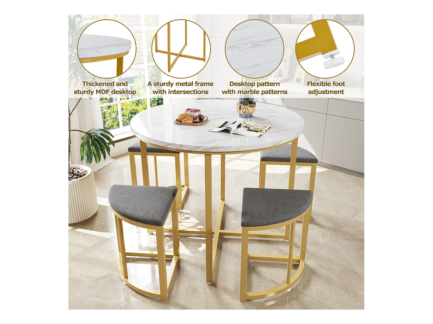 Ensemble de Table à Manger avec 4 Chaises, Table MDF avec Cadre en Métal Doré, Chaises en Velours, Style Moderne et Luxe, Gris