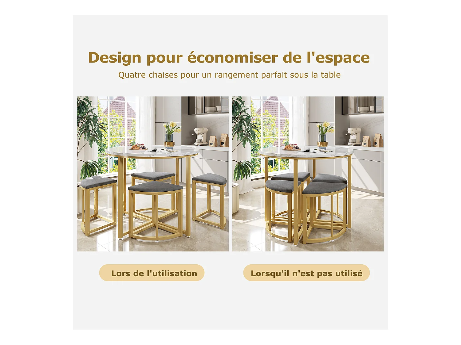 Ensemble de Table à Manger avec 4 Chaises, Table MDF avec Cadre en Métal Doré, Chaises en Velours, Style Moderne et Luxe, Gris