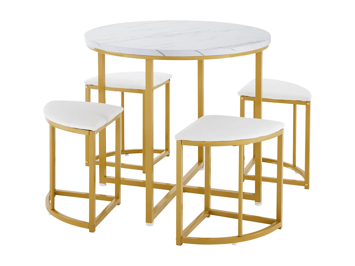 Ensemble de Table à Manger avec 4 Chaises, Table MDF avec Plateau Rond Blanc, Cadre en Métal Doré, Chaises en Velours, Style Moderne et Luxe