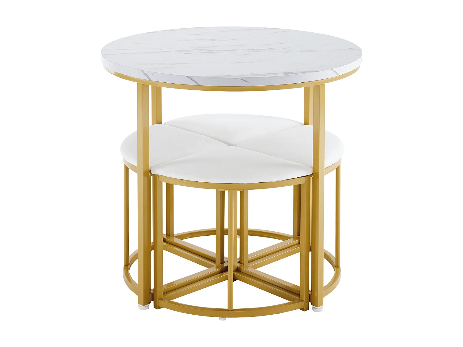 Ensemble de Table à Manger avec 4 Chaises, Table MDF avec Plateau Rond Blanc, Cadre en Métal Doré, Chaises en Velours, Style Moderne et Luxe