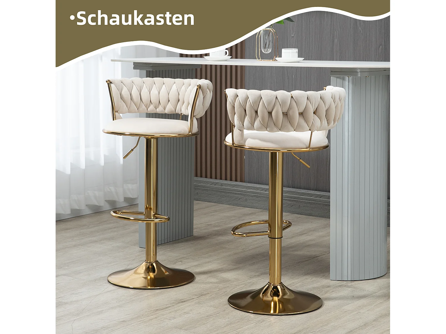 Tabouret de Bar en Velours 360° Pivotant, Set de 2 avec Dossier Tissé à Main et Hauteur Réglable, Confort Ergonomique pour Cuisine et Salle à Manger