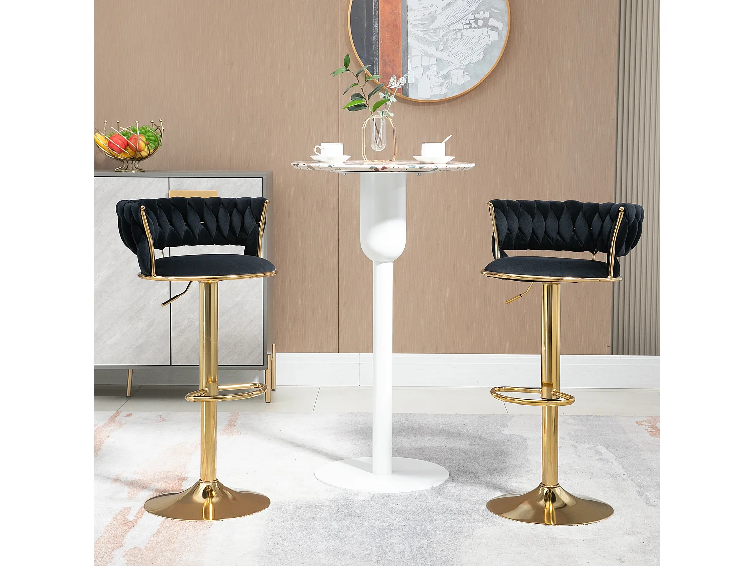 Tabouret de Bar Rotatif 360° Set de 2, Hauteur Réglable, Design Rétro Artisanal, Siège Confortable avec Dossier en Velours, pour Cuisine