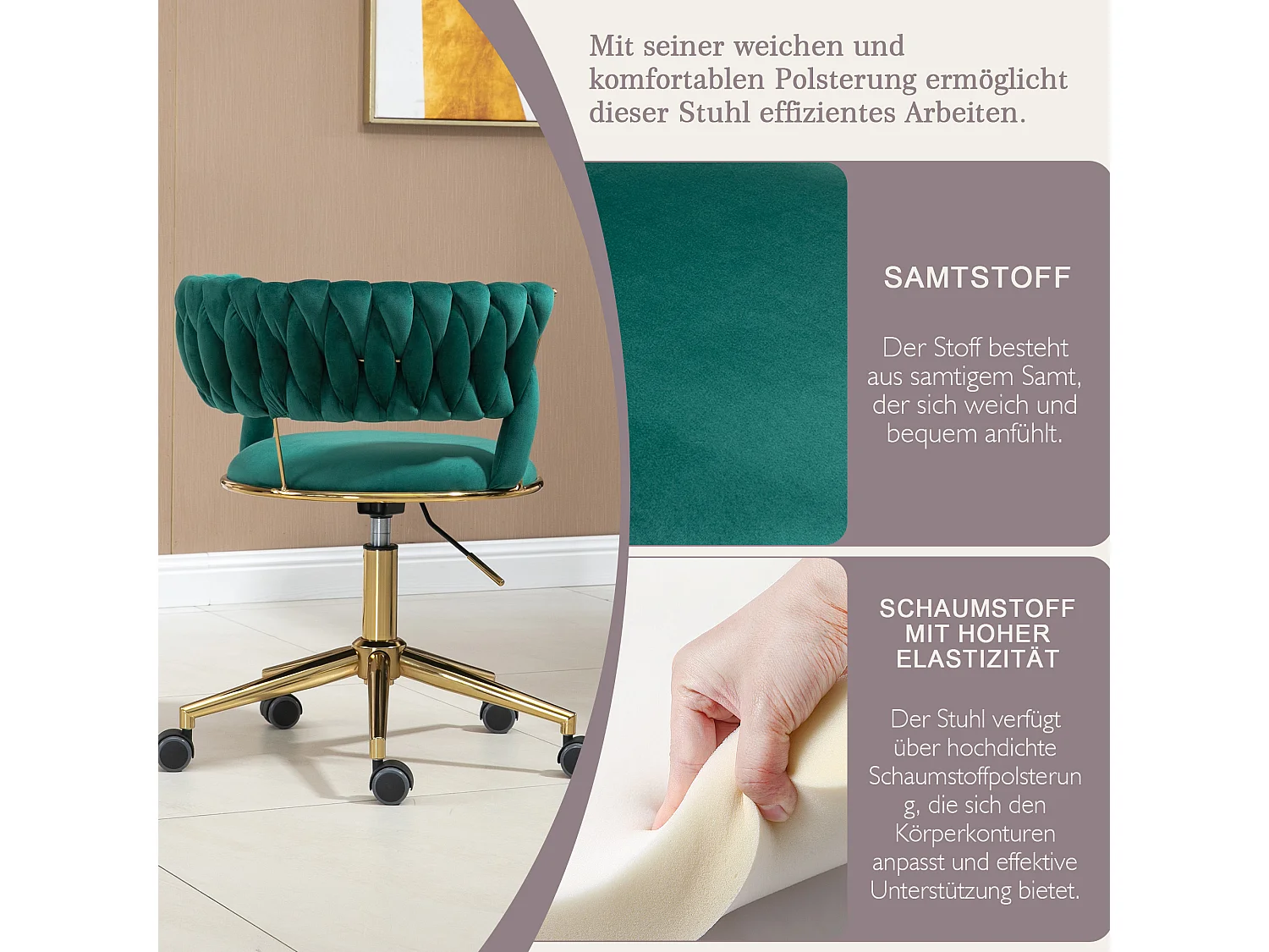 Fauteuil de Bureau en Velours Doux, Design Écologique, Rotation 360° et Réglable en Hauteur, Chaise Élégante avec Accoudoirs et Base en Métal Doré