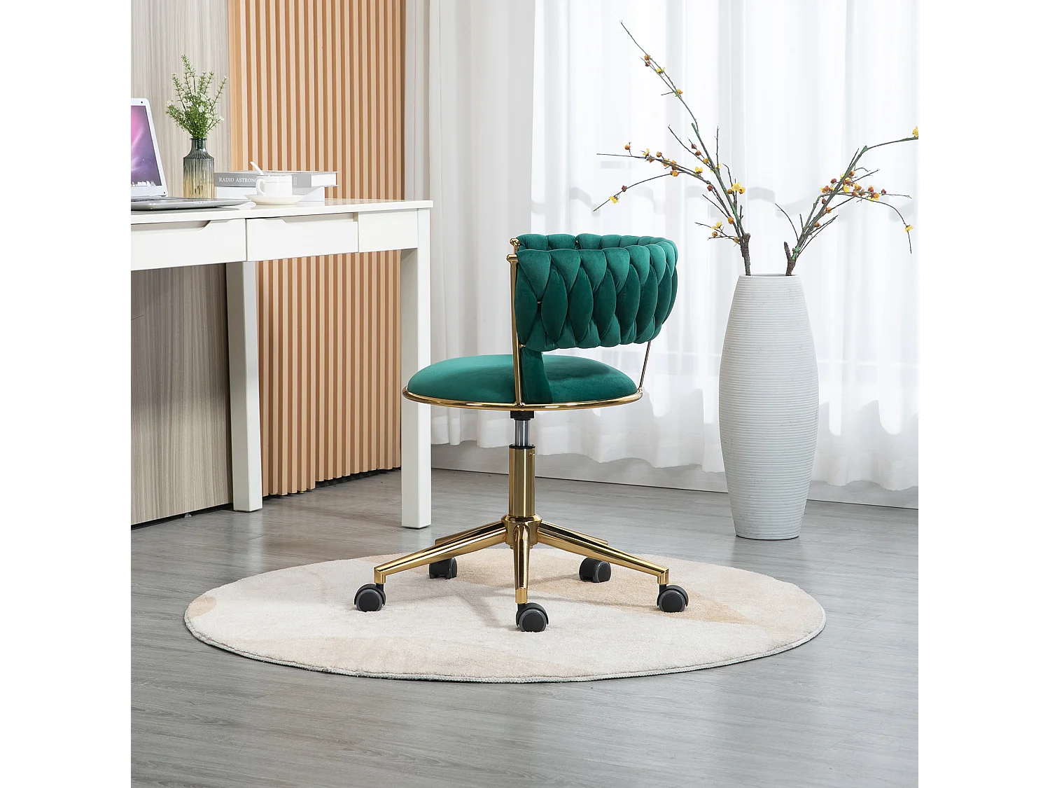 Fauteuil de Bureau en Velours Doux, Design Écologique, Rotation 360° et Réglable en Hauteur, Chaise Élégante avec Accoudoirs et Base en Métal Doré