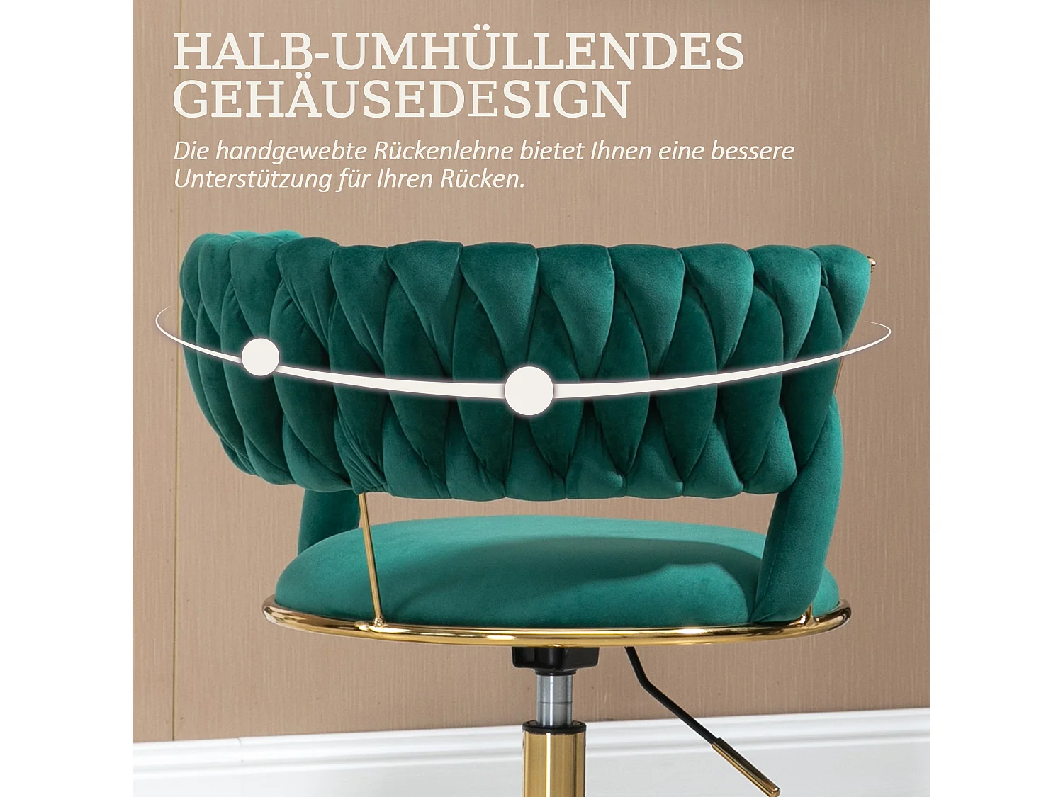 Fauteuil de Bureau en Velours Doux, Design Écologique, Rotation 360° et Réglable en Hauteur, Chaise Élégante avec Accoudoirs et Base en Métal Doré