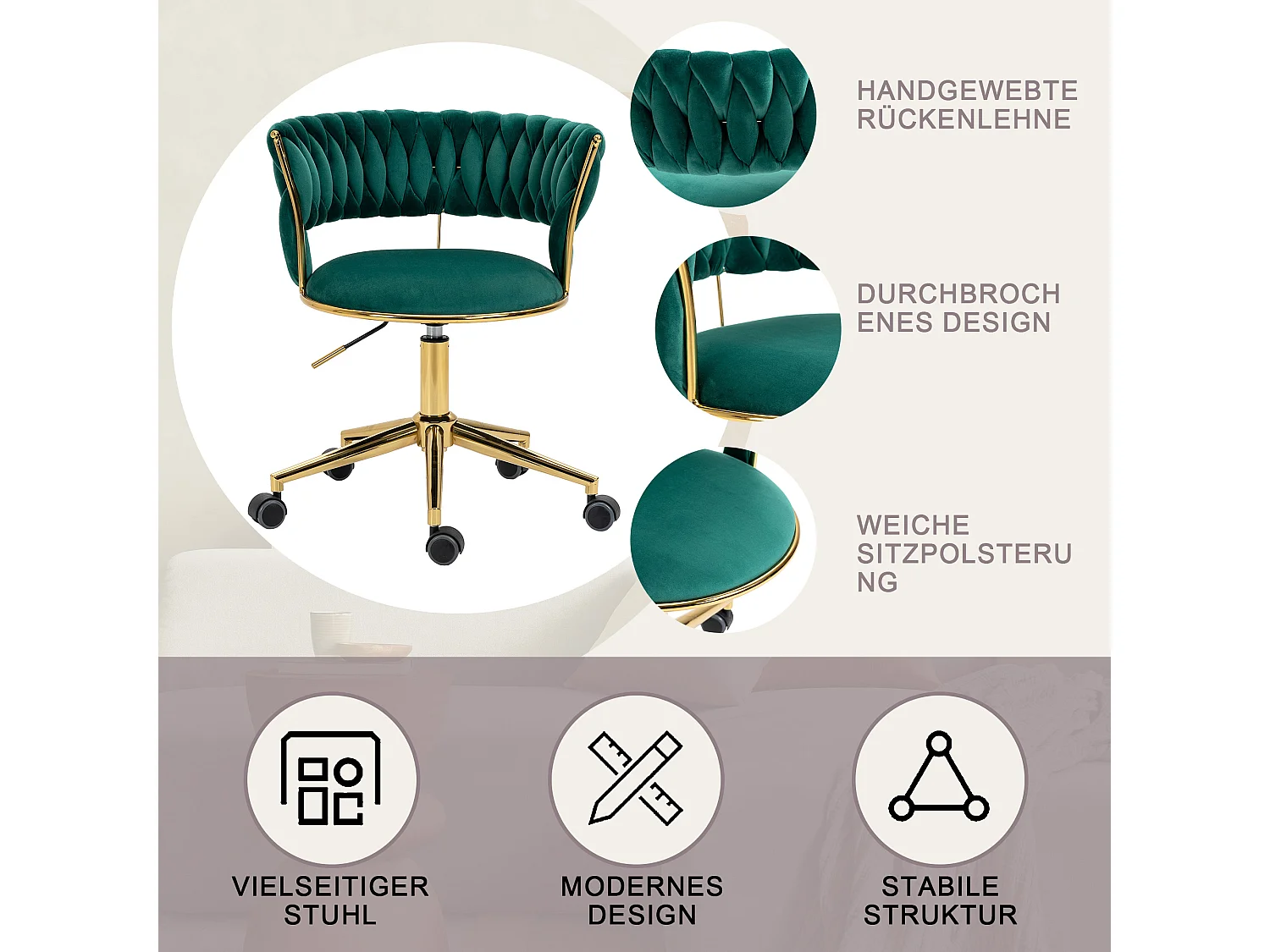 Fauteuil de Bureau en Velours Doux, Design Écologique, Rotation 360° et Réglable en Hauteur, Chaise Élégante avec Accoudoirs et Base en Métal Doré