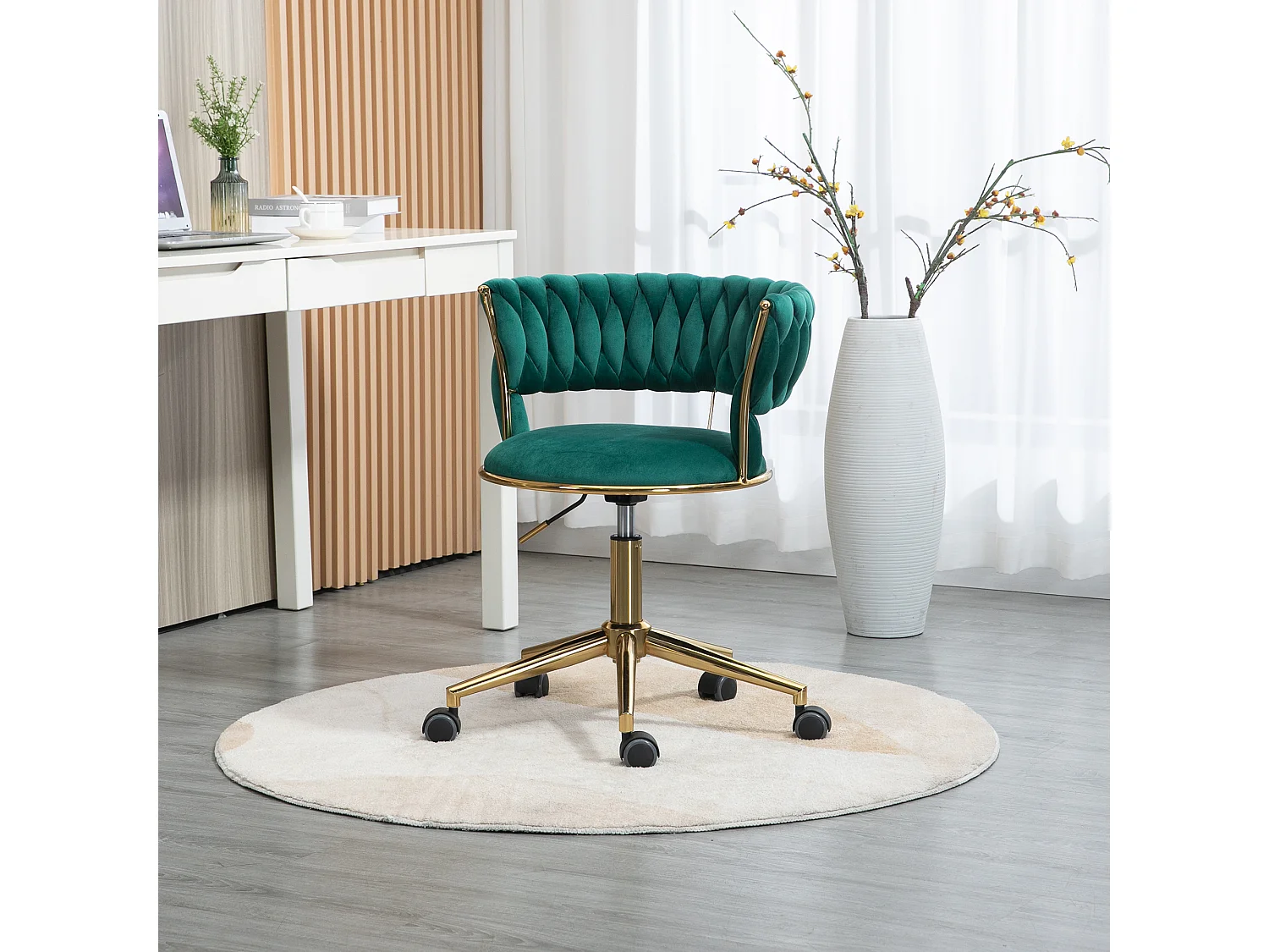 Fauteuil de Bureau en Velours Doux, Design Écologique, Rotation 360° et Réglable en Hauteur, Chaise Élégante avec Accoudoirs et Base en Métal Doré