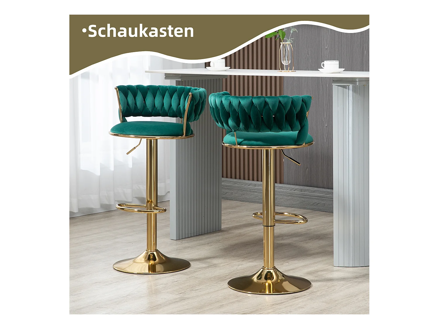 Tabouret de Bar Pivotant 360° en Velours, Set de 2, Hauteur Réglable avec Dossier Tissé à Main, Confort Ergonomique et Base en Métal Doré