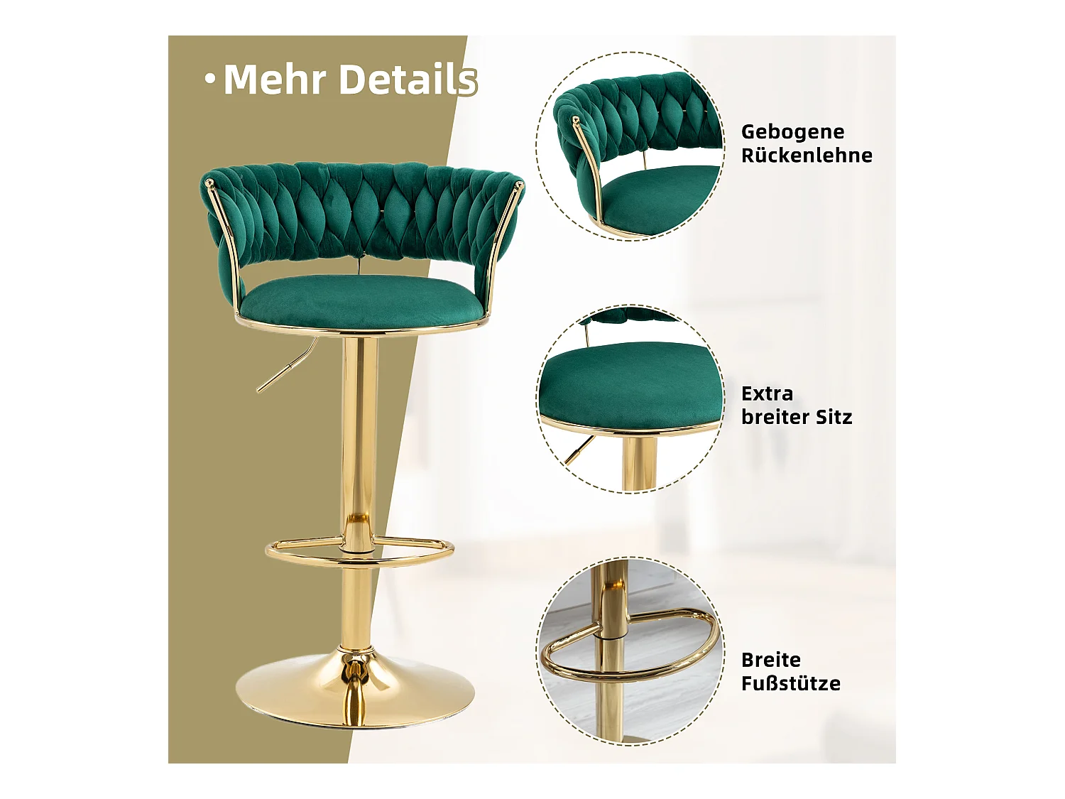 Tabouret de Bar Pivotant 360° en Velours, Set de 2, Hauteur Réglable avec Dossier Tissé à Main, Confort Ergonomique et Base en Métal Doré