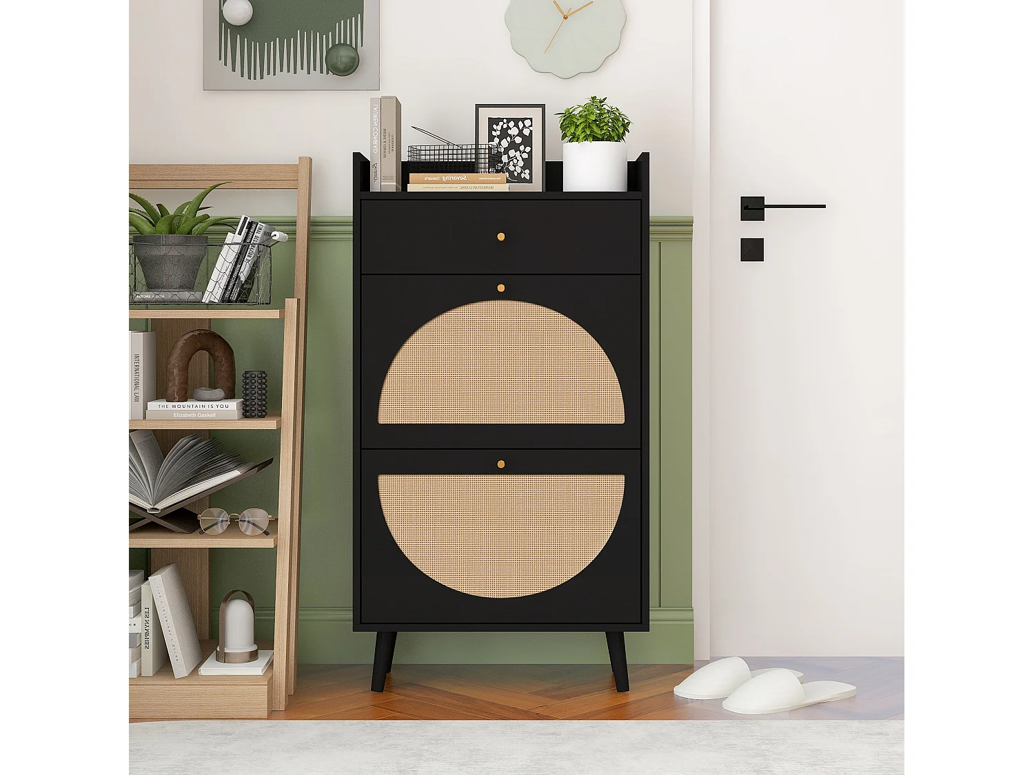 Meuble à Chaussures avec 2 Portes et 1 Tiroir, Rattan Noir, Portes Demi-Circulaires Interchangeables, Double Étagère, 60 cm, Sans Dos