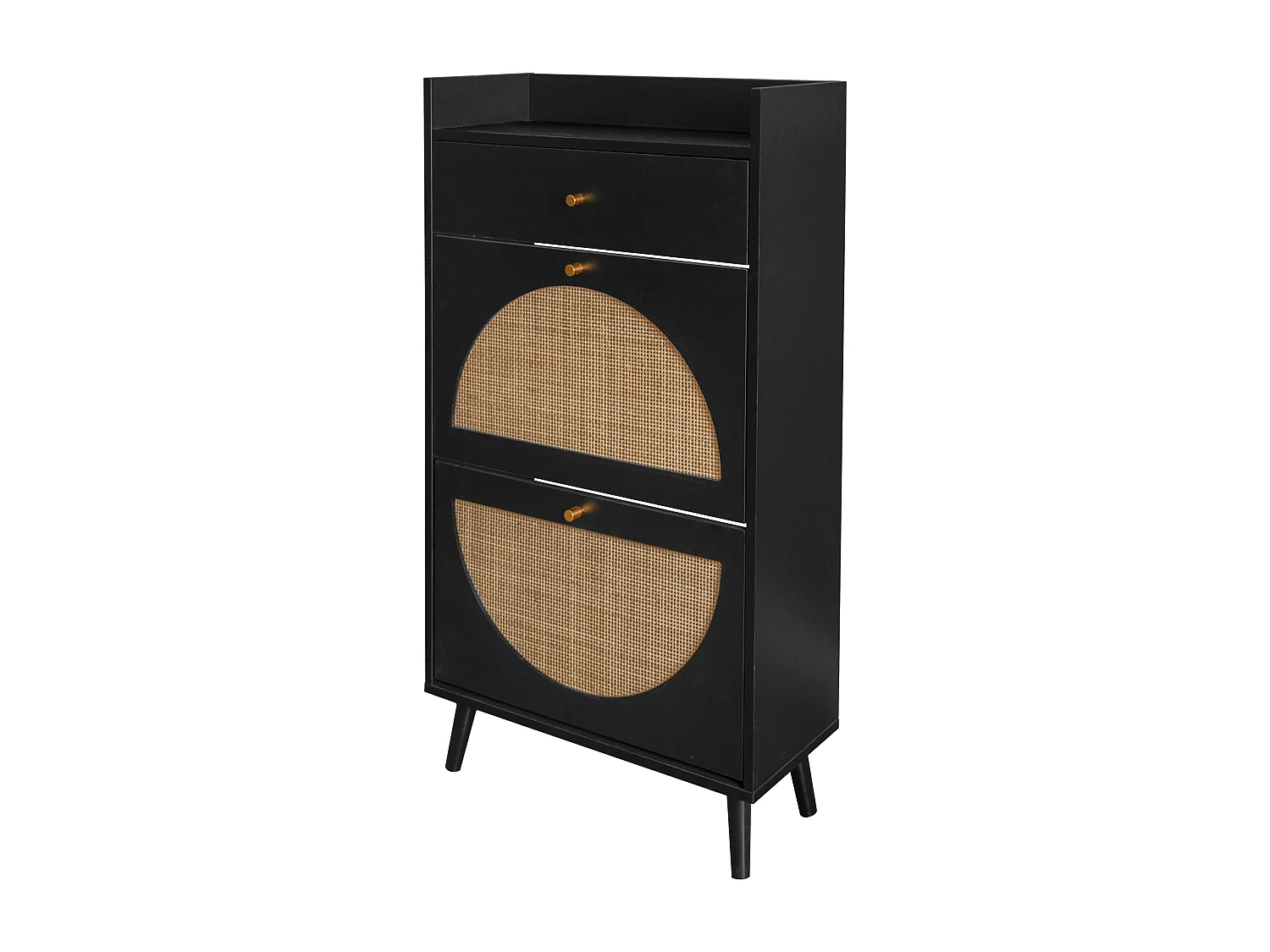 Meuble à Chaussures avec 2 Portes et 1 Tiroir, Rattan Noir, Portes Demi-Circulaires Interchangeables, Double Étagère, 60 cm, Sans Dos