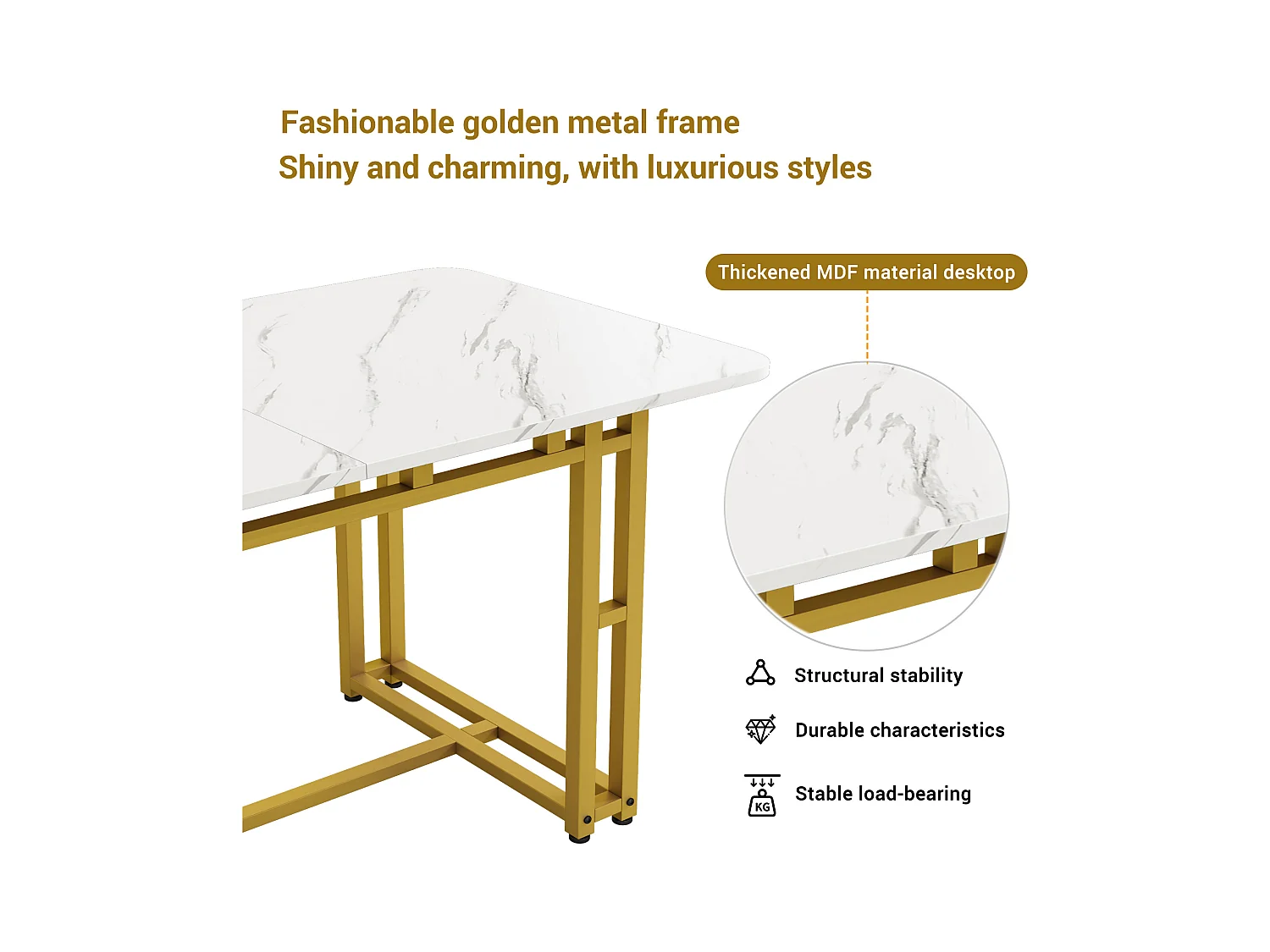 Table à Manger Rectangulaire 120x70cm avec Pieds en Métal Doré, Design Moderne et Élégant pour Cuisine et Salon