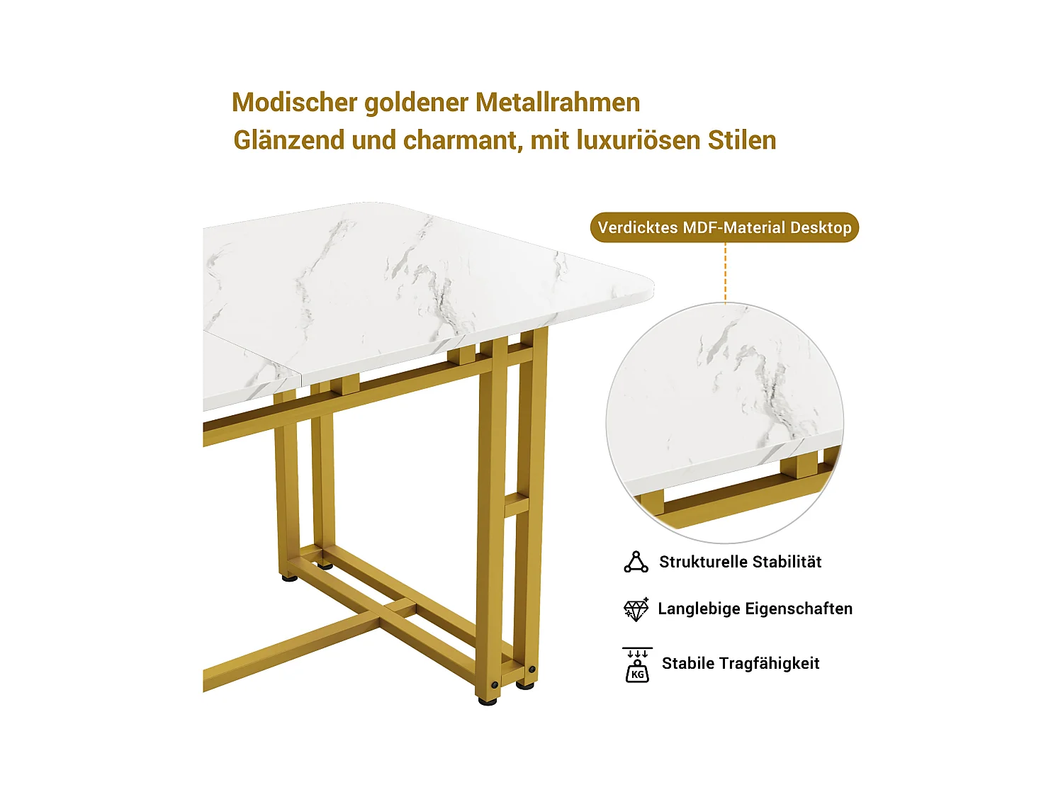 Table à Manger Rectangulaire 120x70cm avec Pieds en Métal Doré, Design Moderne et Élégant pour Cuisine et Salon