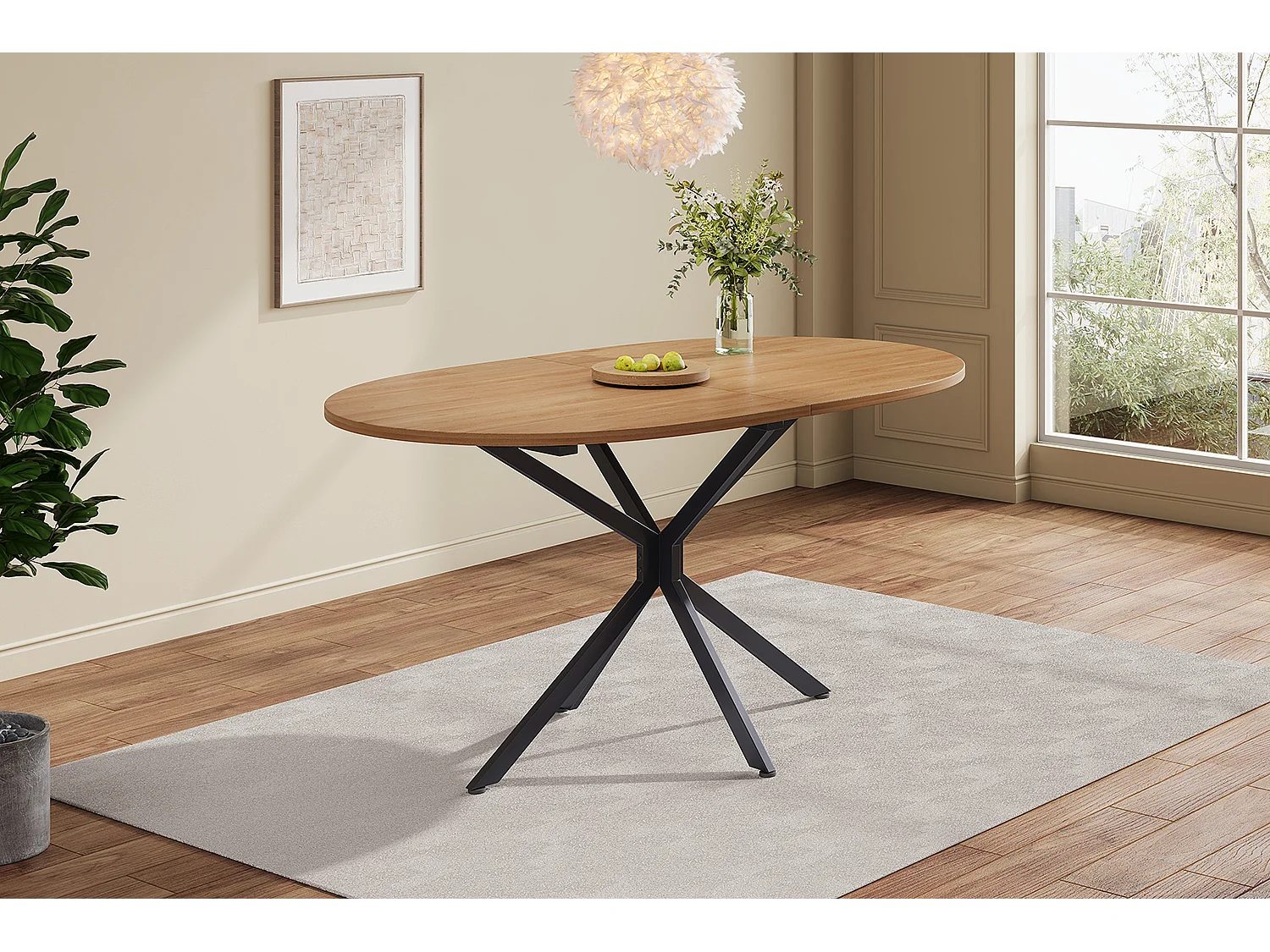 Table à Manger Moderne, 120x80x75.5 cm, Oval, Pour 4-6 Personnes, Plateau en MDF Naturel, Pieds en Métal en Forme de Croix, Table Élégante et Stable