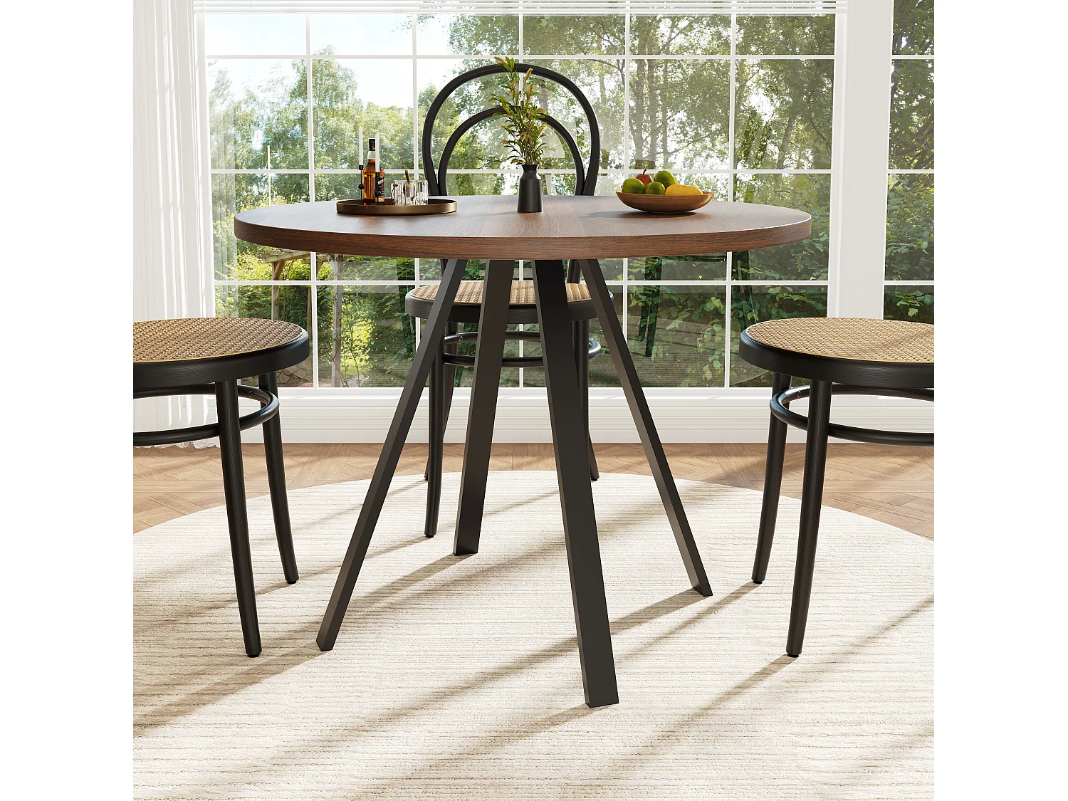 Table à Manger Ronde 80×80×75 cm, Plateau en MDF Noyer, Pieds Métalliques Noirs, Table pour 4 Personnes, Idéale pour Cuisine et Salon