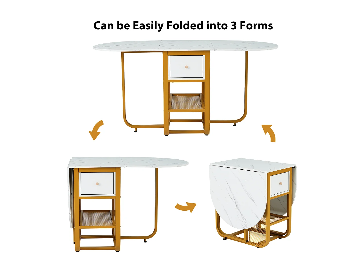Table de salle à manger pliable et extensible, table polyvalente avec des espaces de rangement et des tiroirs, dans une couleur combinée de blanc