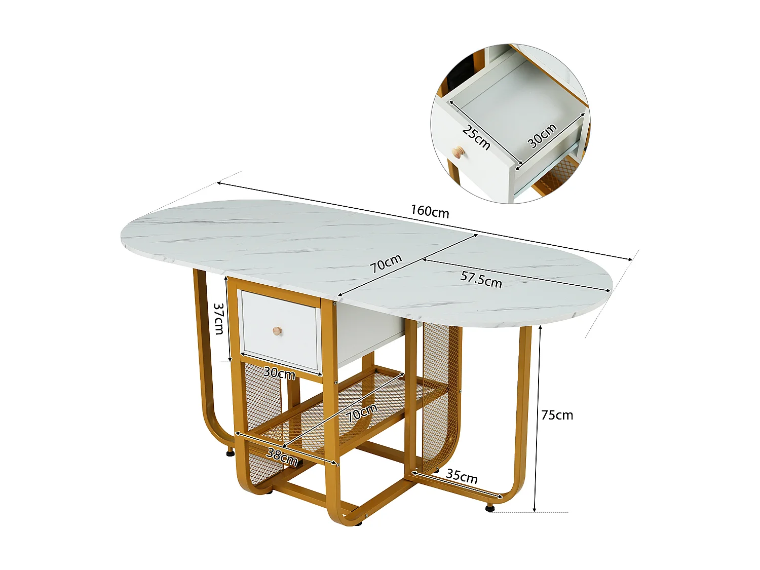 Table de salle à manger pliable et extensible, table polyvalente avec des espaces de rangement et des tiroirs, dans une couleur combinée de blanc