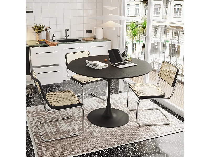 Table à Manger Ronde Moderne 120 cm, Plateau en Bois Massif Noir, Base en Métal, Table de Salle à Manger ou Table d'Appoint