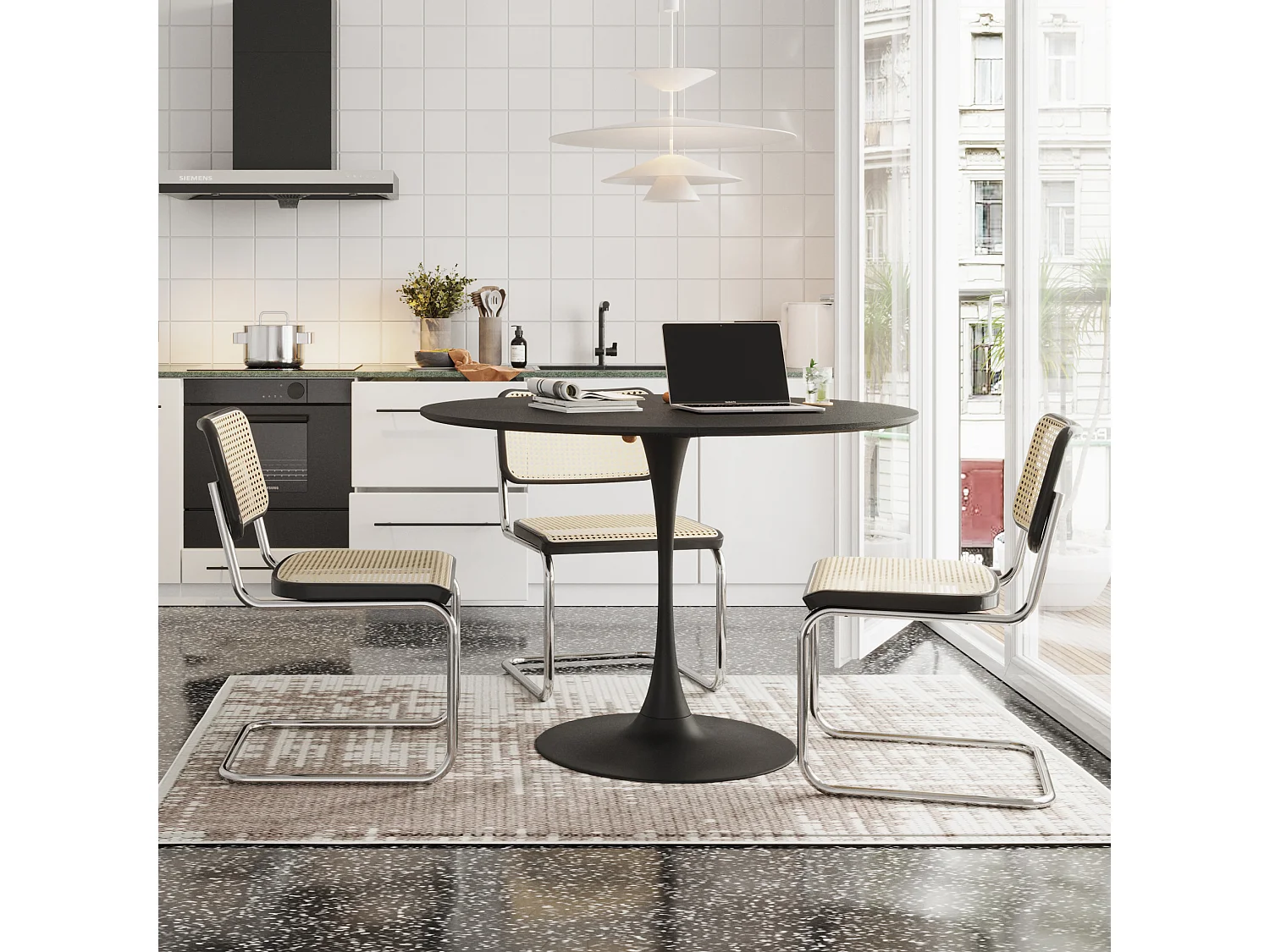 Table à Manger Ronde Moderne 120 cm, Plateau en Bois Massif Noir, Base en Métal, Table de Salle à Manger ou Table d'Appoint