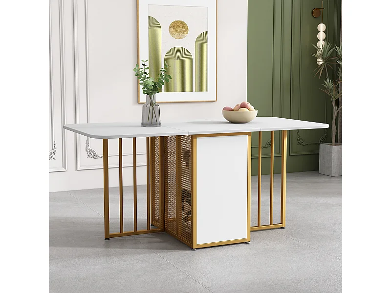 Table à Manger Pliable et Extensible avec Tiroirs, Multifonctionnelle, 3 Formes, Idéale pour Cuisine et Salon, Table en Bois Blanche