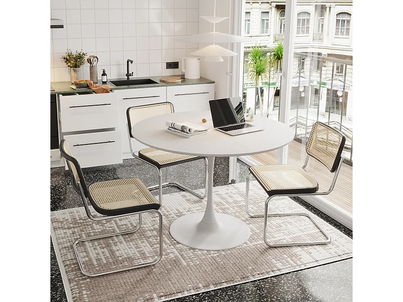 Table de Salle à Manger Moderne Ronde 120 cm, Plateau en MDF à Effet Bois Blanc, Base Métallique, Idéale pour Salle à Manger, Cuisine, Salon