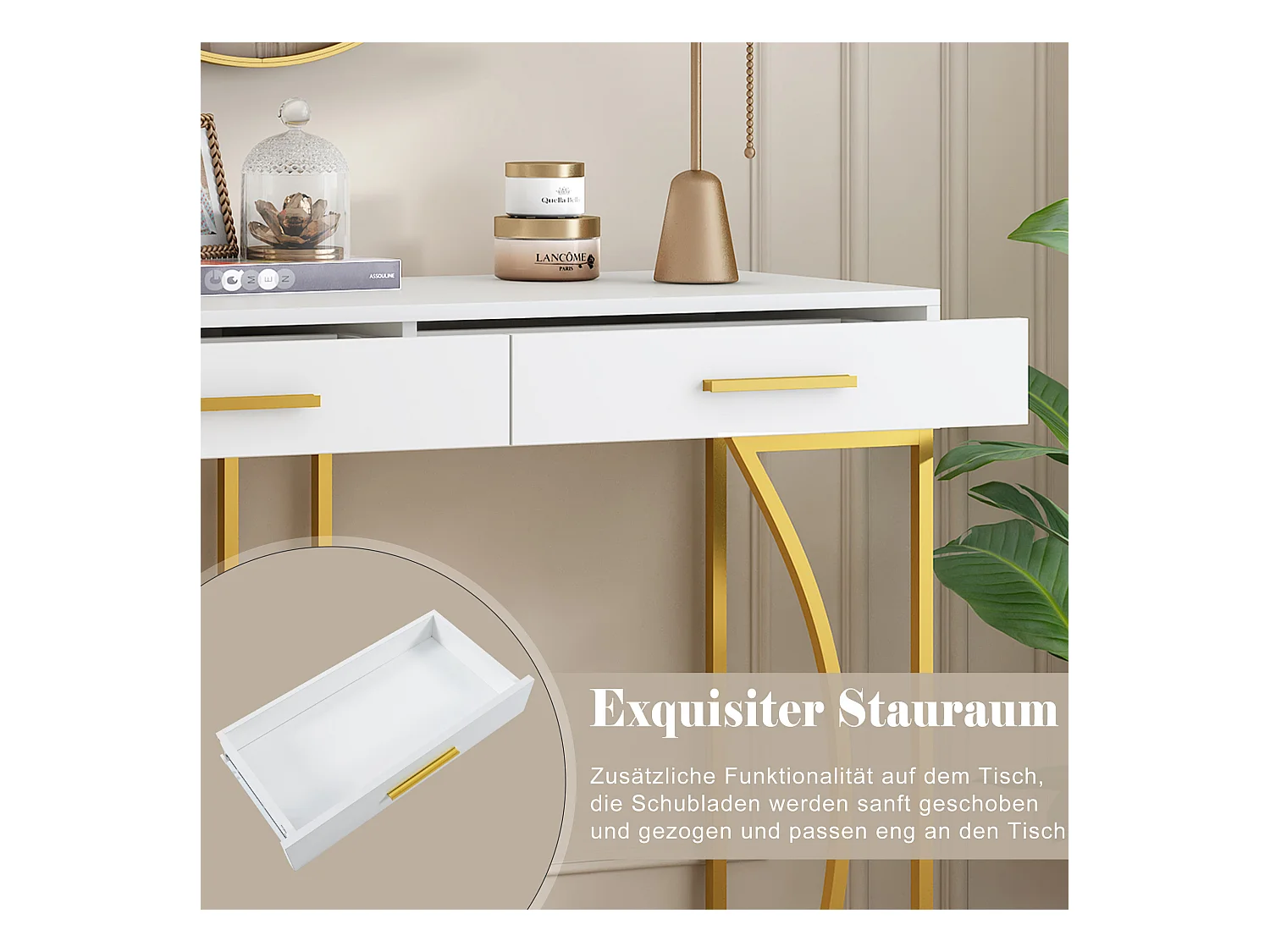Table Console de Luxe avec 2 Tiroirs, Table d'Entrée en Métal et MDF, Table d'Appoint Élégante, Design Moderne, Blanc/Or