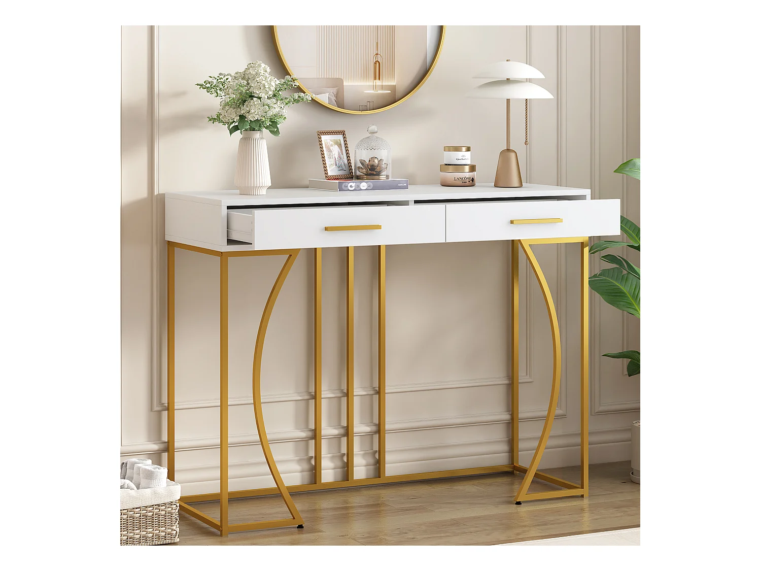 Table Console de Luxe avec 2 Tiroirs, Table d'Entrée en Métal et MDF, Table d'Appoint Élégante, Design Moderne, Blanc/Or