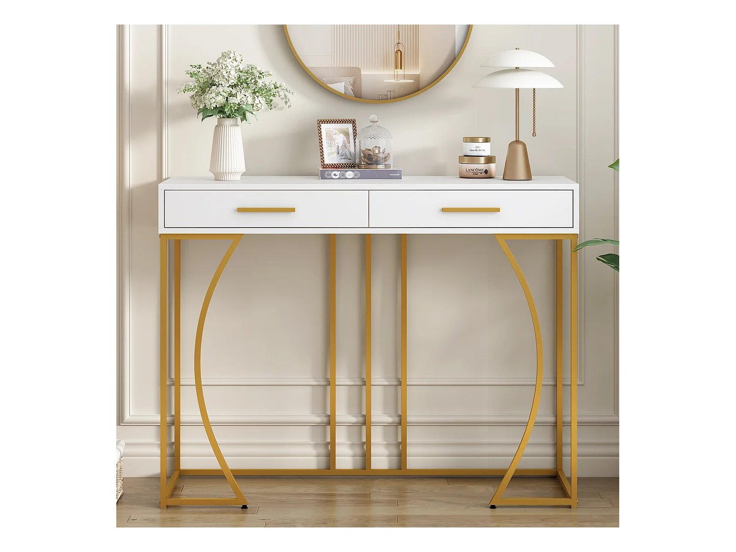 Table Console de Luxe avec 2 Tiroirs, Table d'Entrée en Métal et MDF, Table d'Appoint Élégante, Design Moderne, Blanc/Or