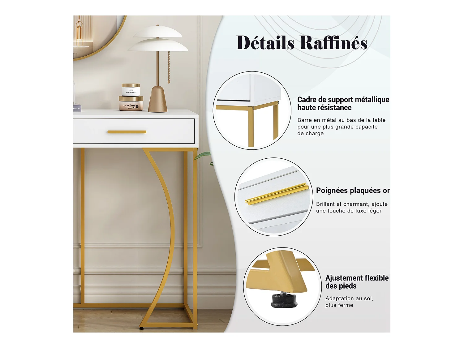 Table Console de Luxe avec 2 Tiroirs, Table d'Entrée en Métal et MDF, Table d'Appoint Élégante, Design Moderne, Blanc/Or