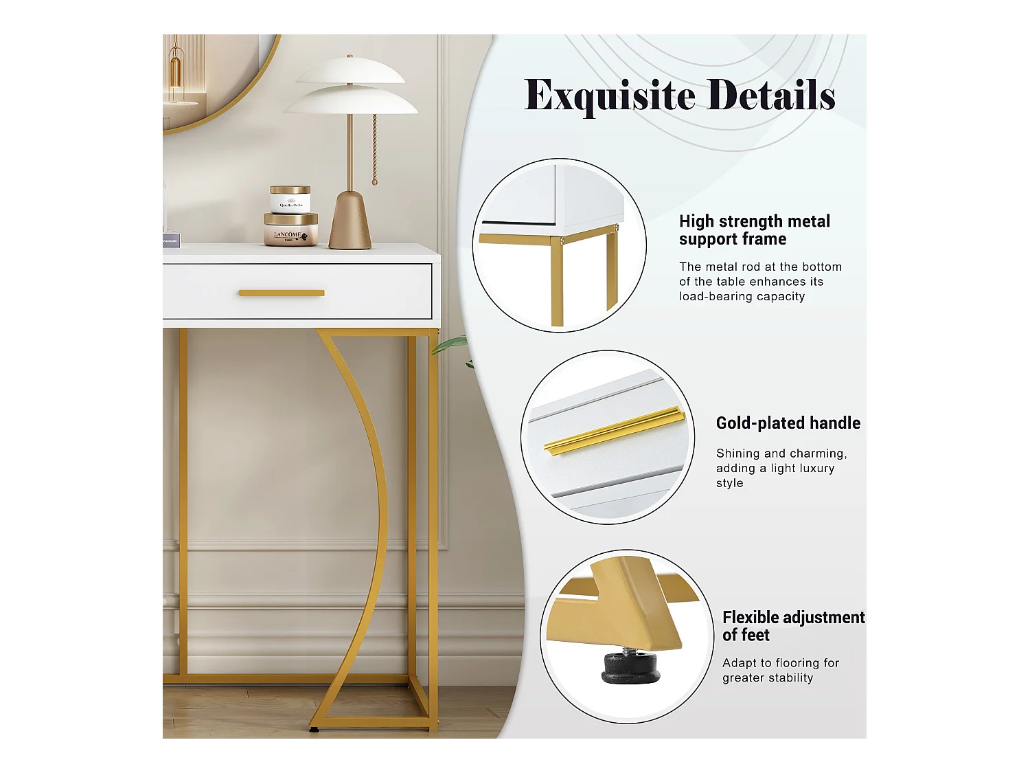 Table Console de Luxe avec 2 Tiroirs, Table d'Entrée en Métal et MDF, Table d'Appoint Élégante, Design Moderne, Blanc/Or