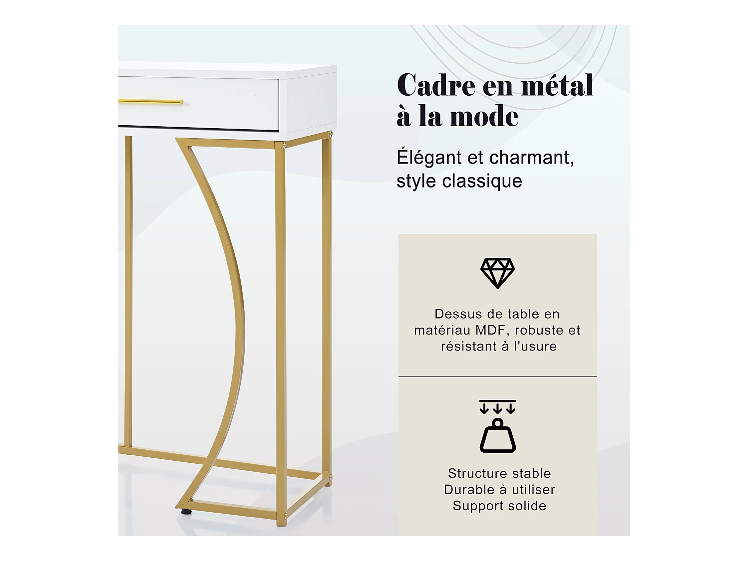 Table Console de Luxe avec 2 Tiroirs, Table d'Entrée en Métal et MDF, Table d'Appoint Élégante, Design Moderne, Blanc/Or