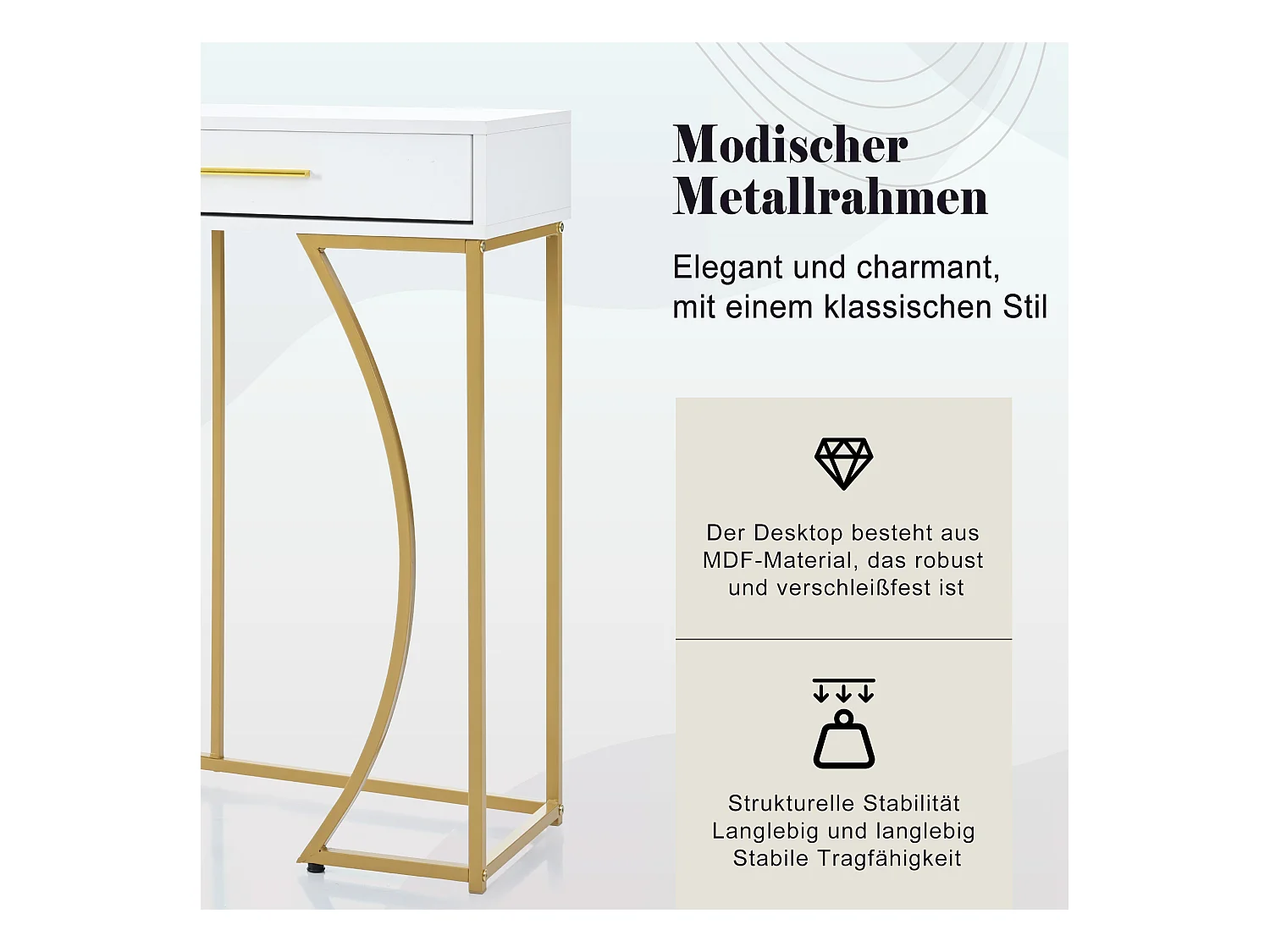Table Console de Luxe avec 2 Tiroirs, Table d'Entrée en Métal et MDF, Table d'Appoint Élégante, Design Moderne, Blanc/Or