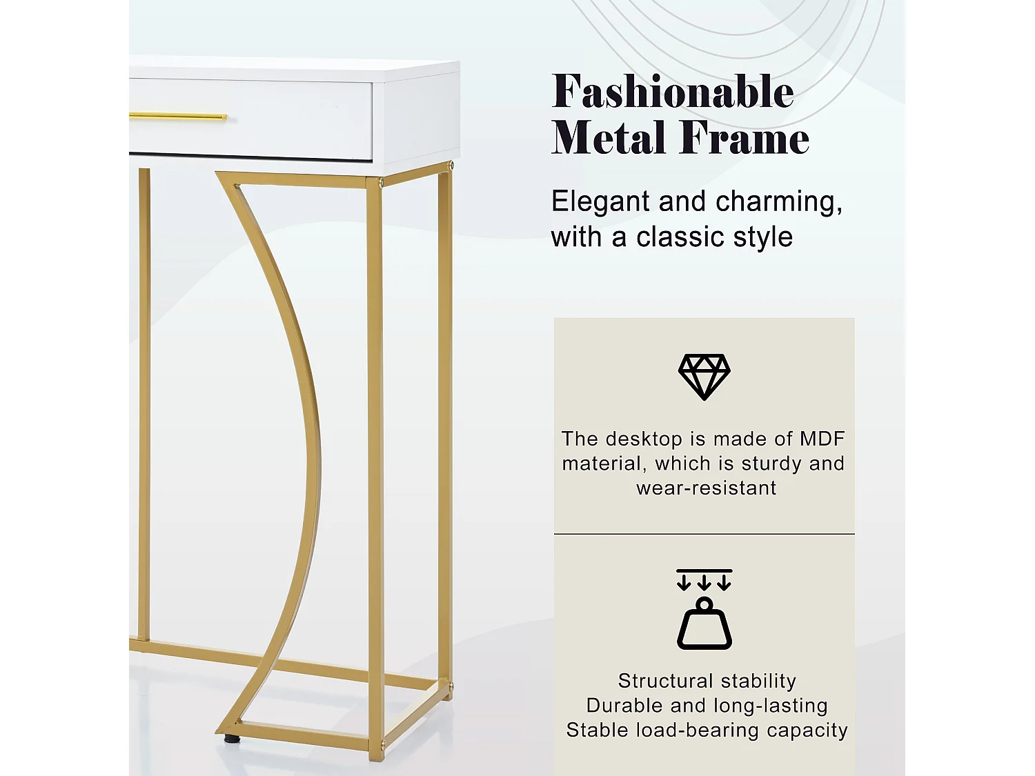 Table Console de Luxe avec 2 Tiroirs, Table d'Entrée en Métal et MDF, Table d'Appoint Élégante, Design Moderne, Blanc/Or