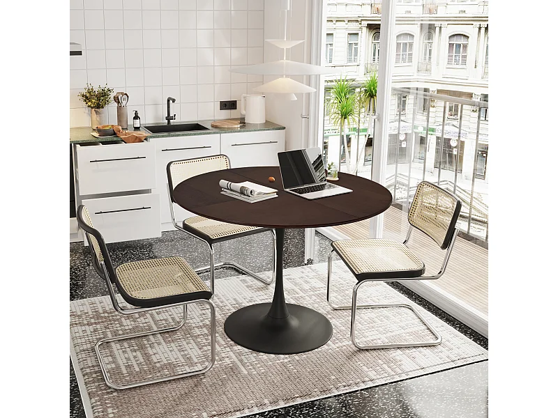 Table à manger ronde moderne avec plateau en bois massif à grain chêne, base métallique, table de salle,pour cuisine et salle à manger - 120 cm