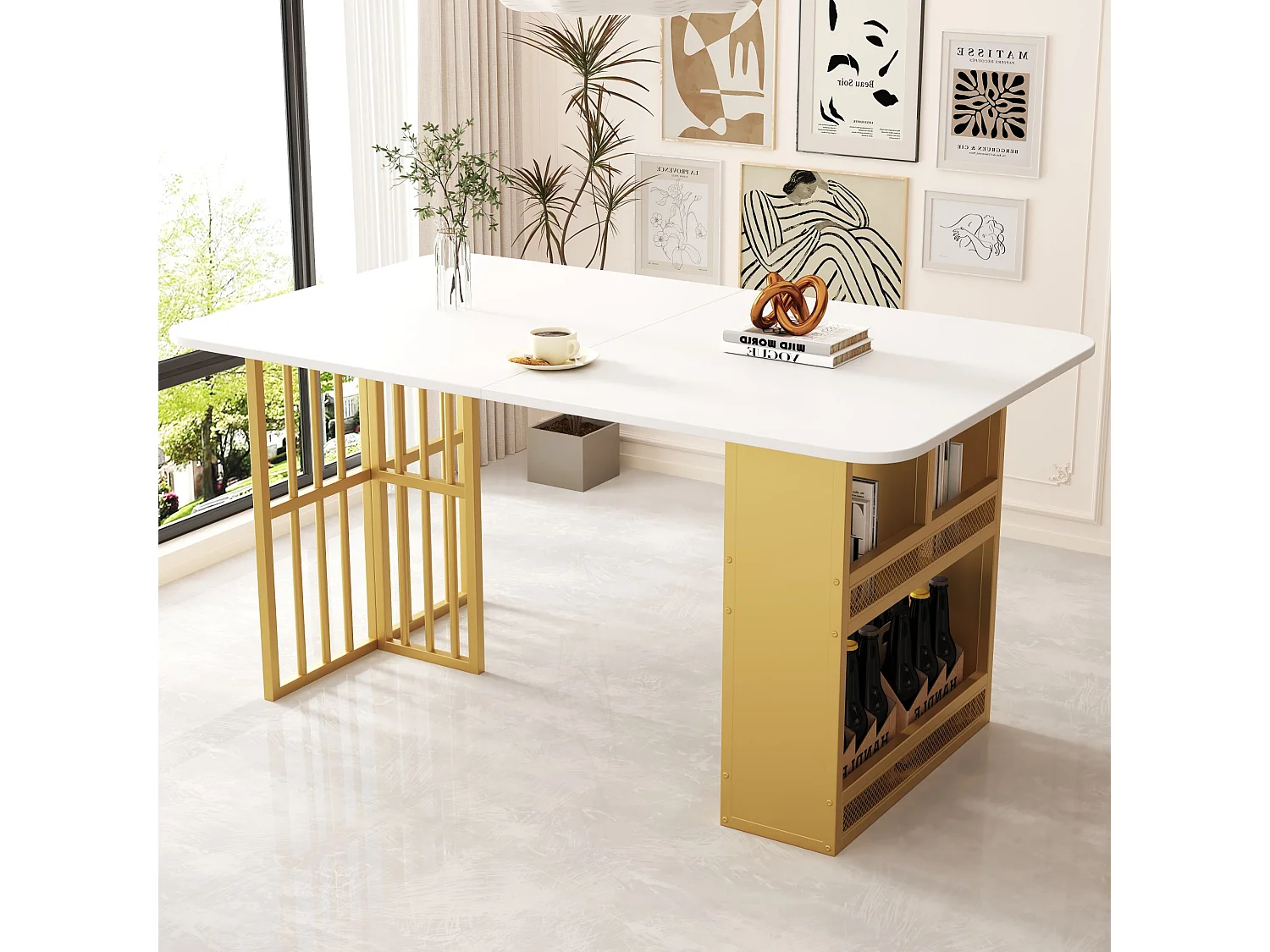 Table à Manger Moderne, Table Rectangulaire en Bois avec Détails Blanc et Or, Table de Salle à Manger avec Espace de Rangement