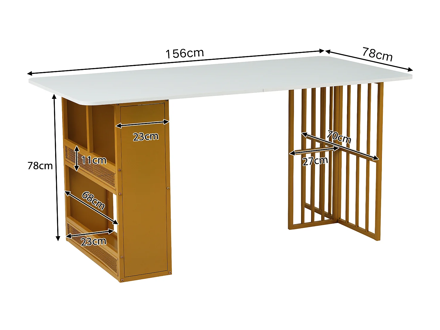 Table à Manger Moderne, Table Rectangulaire en Bois avec Détails Blanc et Or, Table de Salle à Manger avec Espace de Rangement