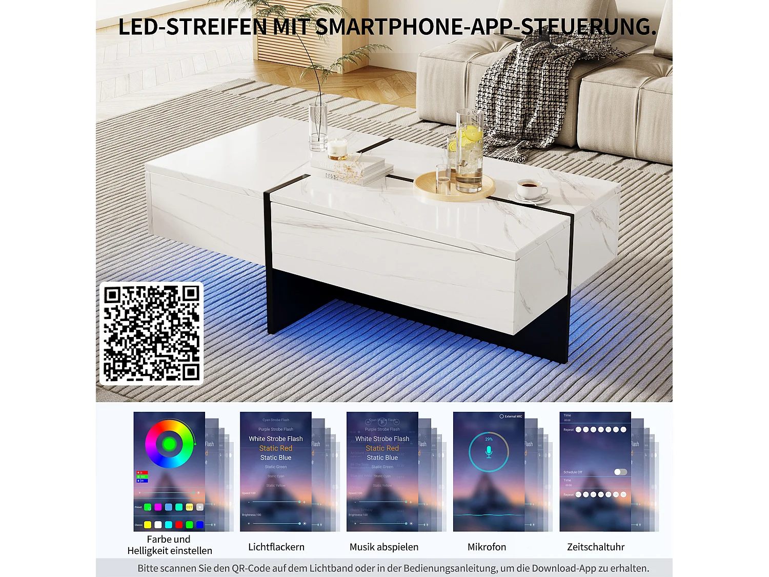 Table Basse Haute Brillance avec Surface Marbrée Immitation, Design Moderne, LED Contrôlée par Application, 3 Tiroirs de Rangement, 100*50*34,5cm