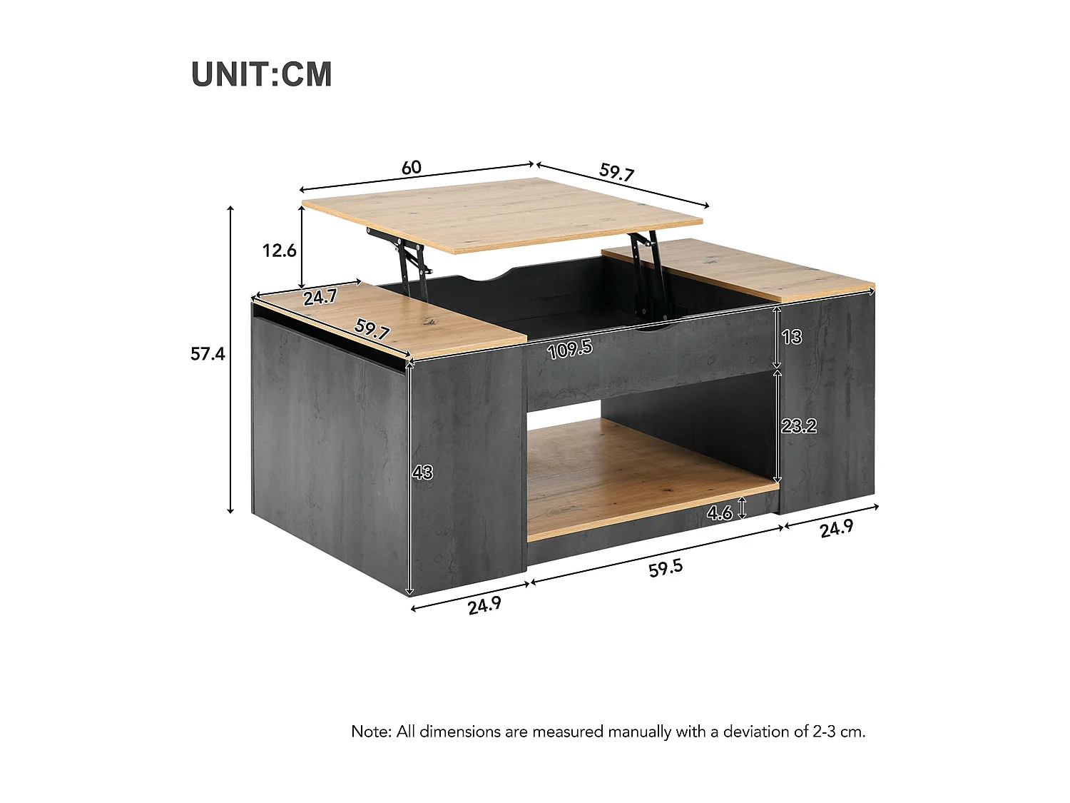 Table Basse avec Fonction de Levage – Design Moderne en Gris avec Espace de Rangement et Plateau en Bois