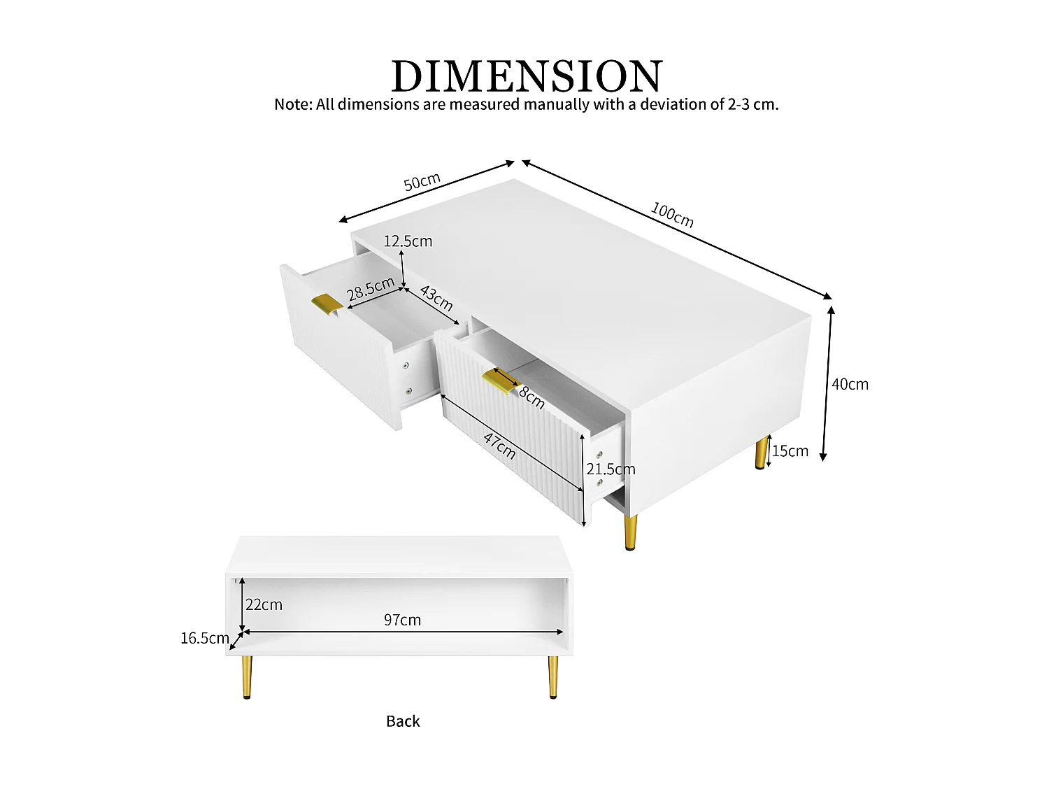 Table Basse Moderne Blanche avec Accents Dorés, 2 Tiroirs, Design à Rayures Verticales, 100x50x40 cm, Table de Salon Élégante avec Pieds Métalliques
