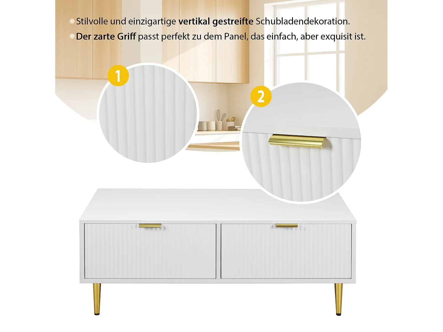 Table Basse Moderne Blanche avec Accents Dorés, 2 Tiroirs, Design à Rayures Verticales, 100x50x40 cm, Table de Salon Élégante avec Pieds Métalliques