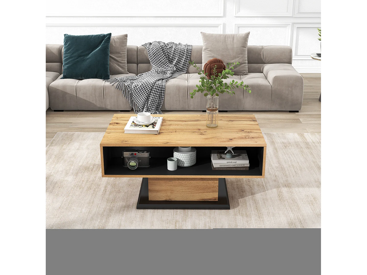 Table basse en bois avec tiroir sans poignée, espace de rangement à double face et rangement arrière, pour bureau et salon, grand espace de stockage