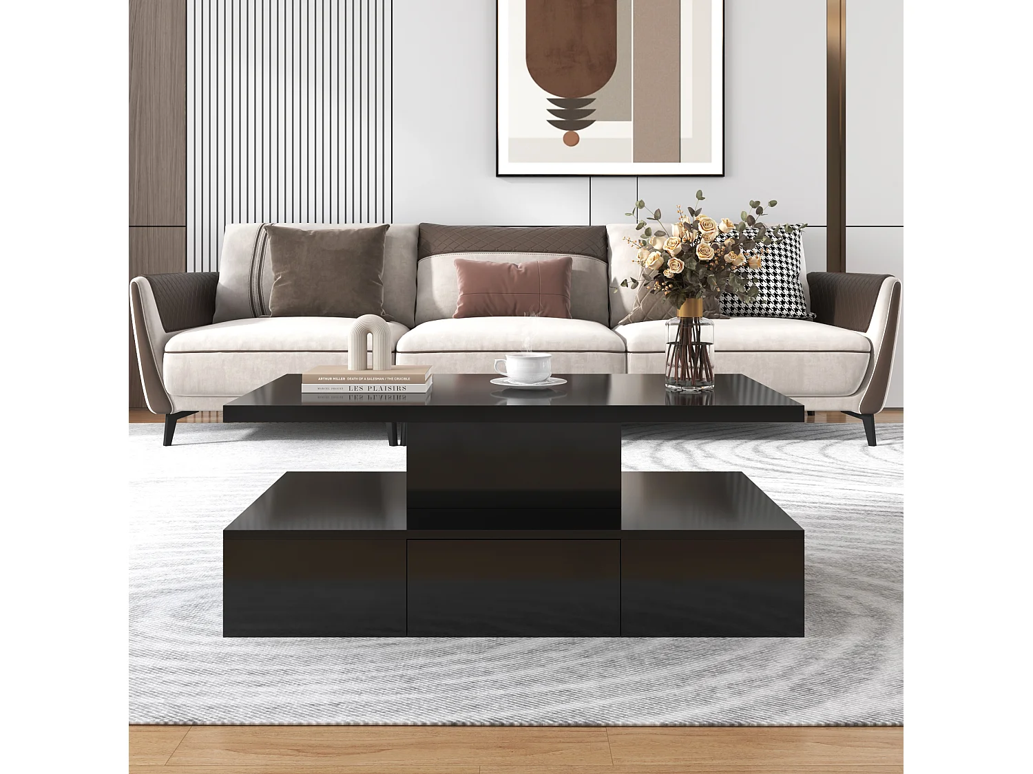 Table Basse Moderne avec Éclairage LED, 2 Niveaux et Tiroirs, Finition laquée haute brillance, Table d'appoint en Bois, Noir